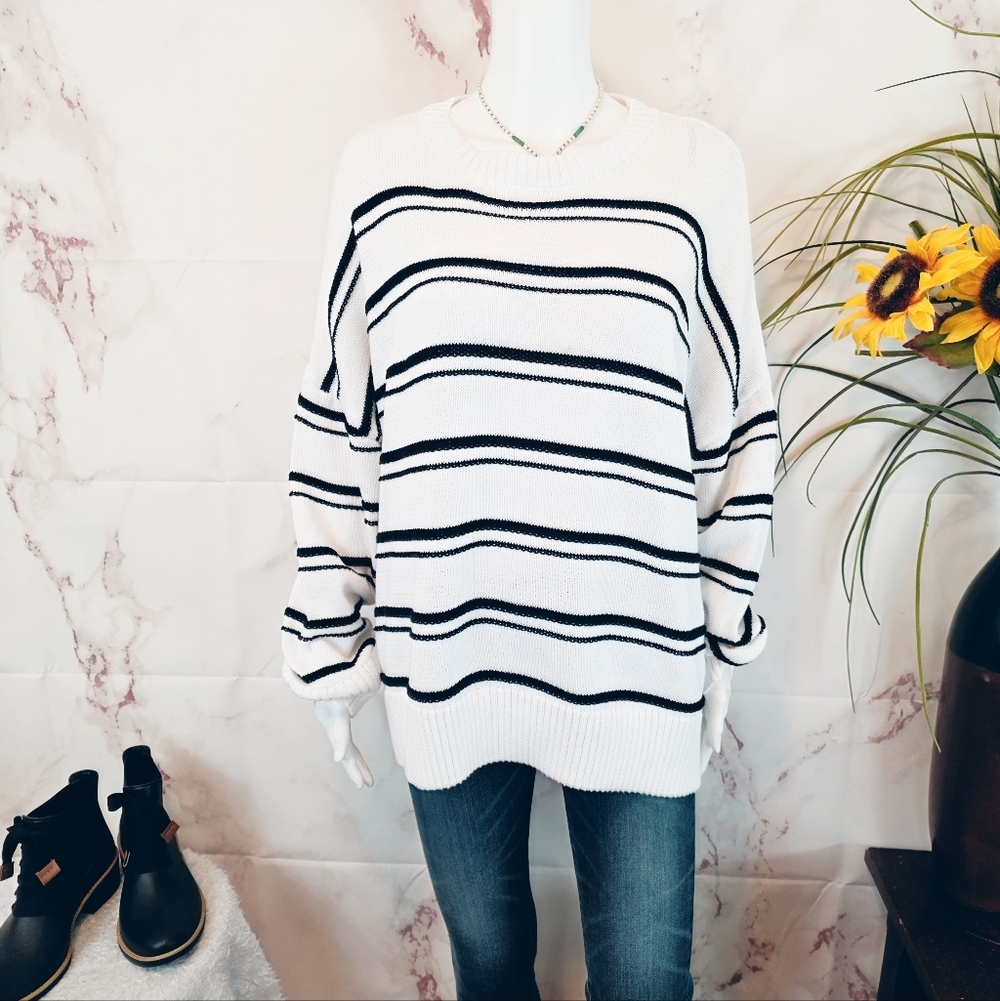 Joie Striped Knit Sweater Ivory Black Oversized Crewneck Nautical 2X Spring